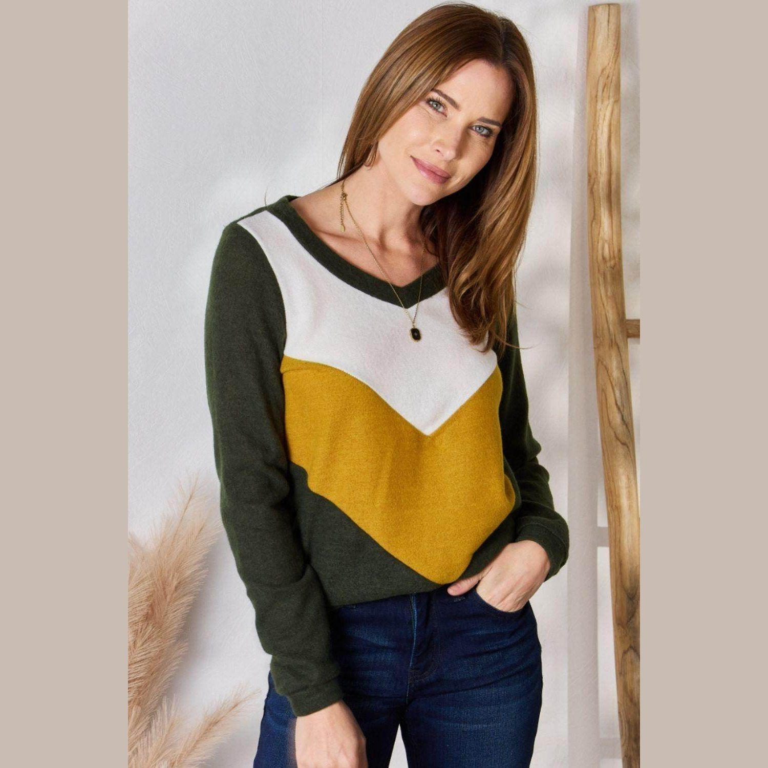 Hailey & Co Full Size Colorblock V-Neck Blouse - VacationGrabs