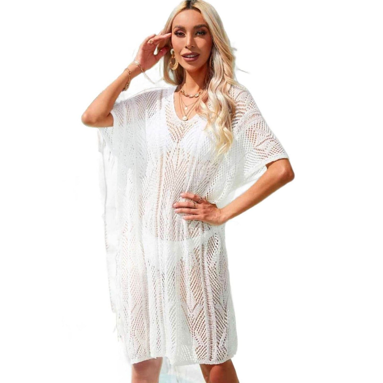 Side Slit Tassel Openwork Cover-Up Dress - VacationGrabs