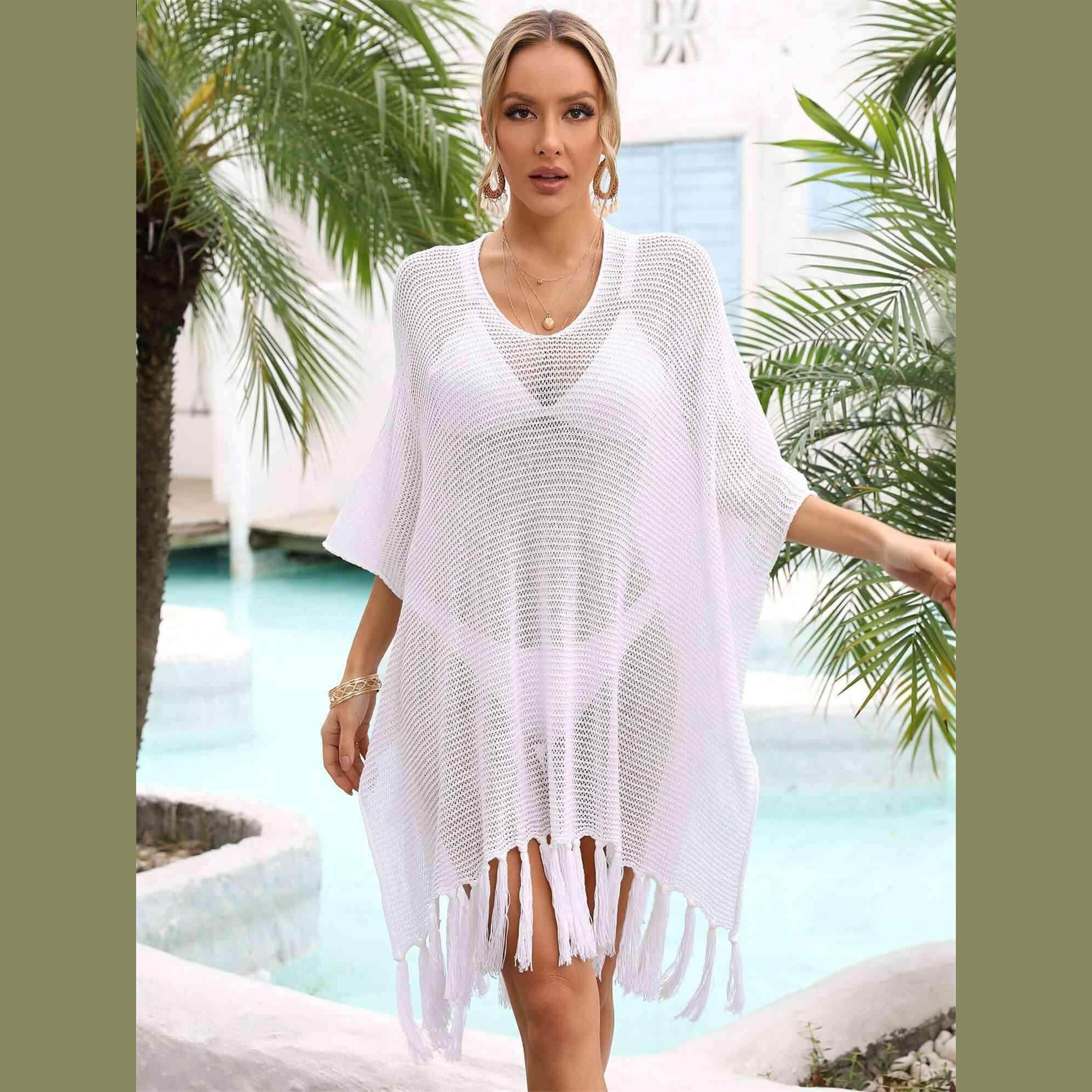 Fringe Trim Dolman Sleeve Openwork Cover-Up - VacationGrabs