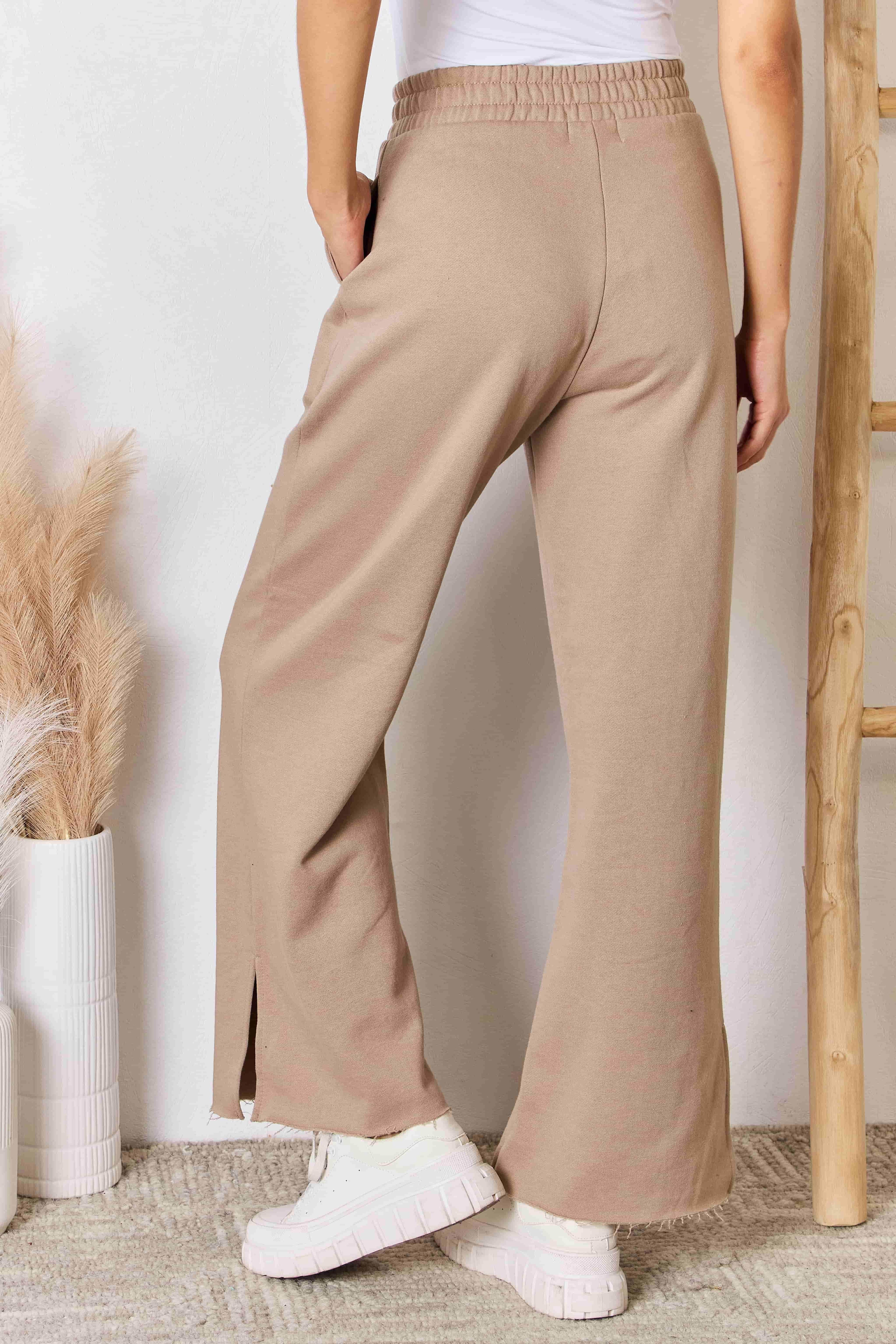 RISEN Wide Waistband Slit Wide Leg Pants - VacationGrabs
