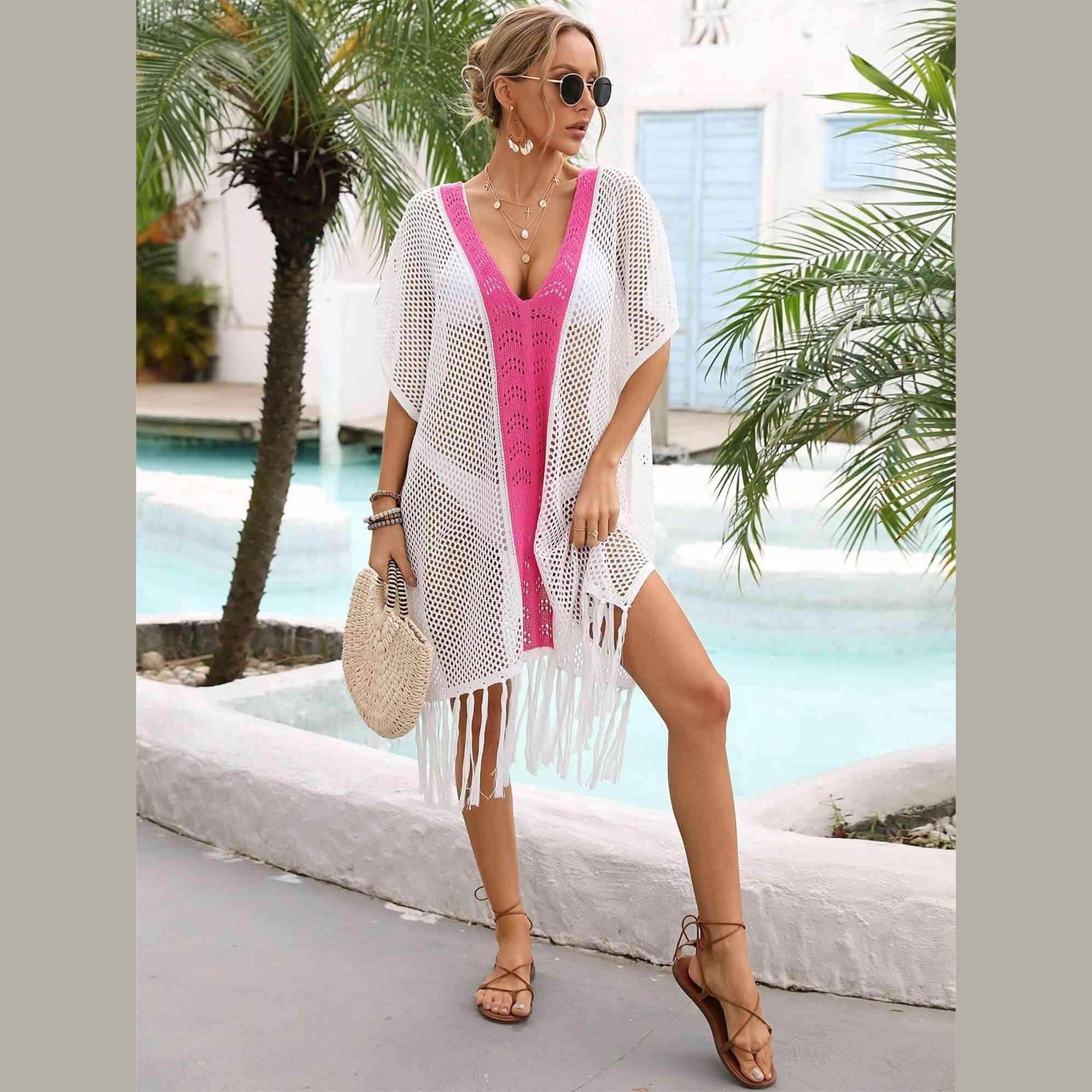 Contrast Fringe Trim Openwork Cover-Up Dress - VacationGrabs