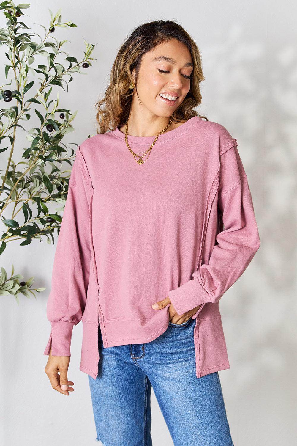 Culture Code Full Size Round Neck Exposed Seam Slit Top - VacationGrabs