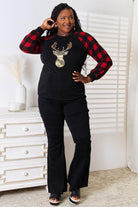 Heimish Full Size Sequin Reindeer Graphic Plaid Top - VacationGrabs