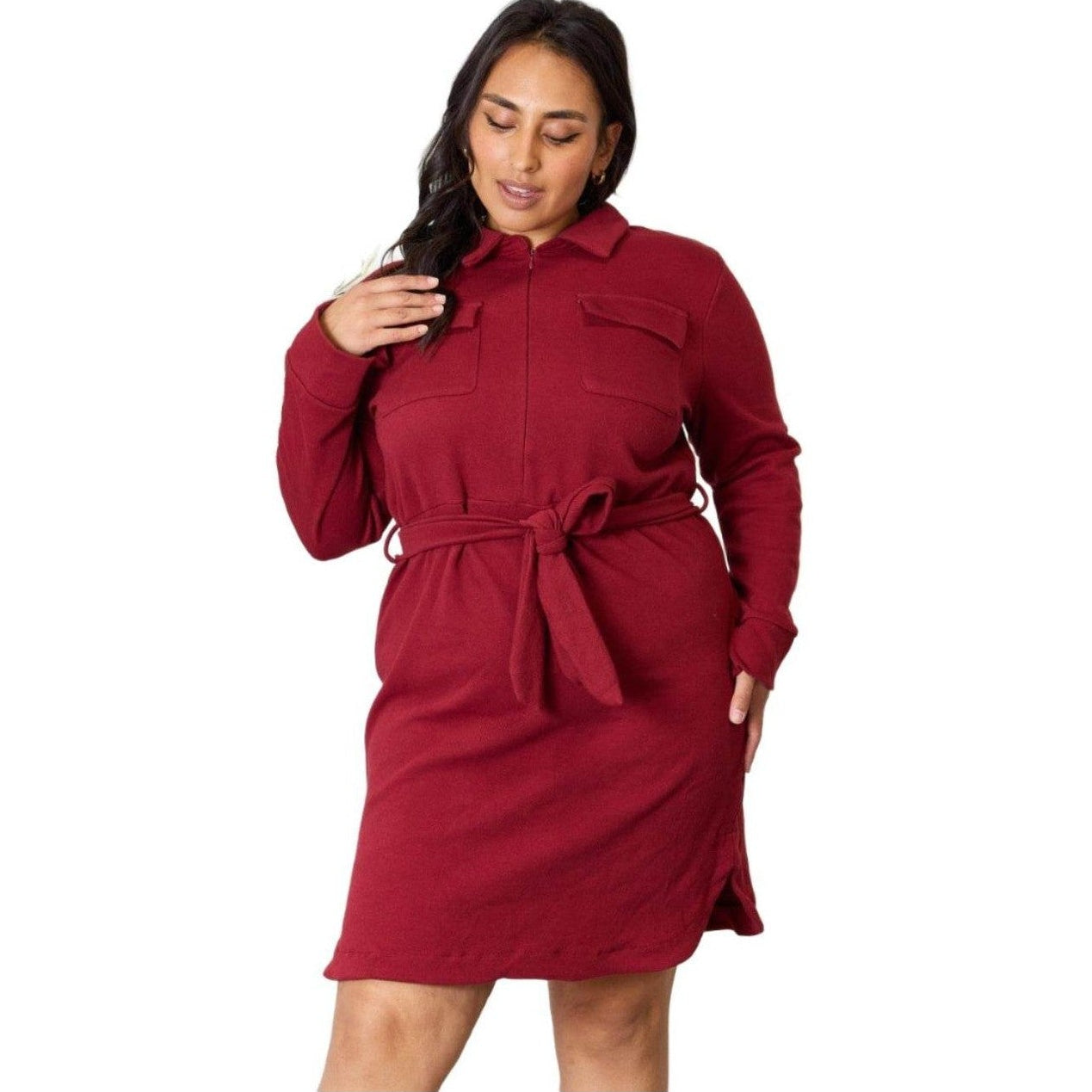 Culture Code Full Size Tie Front Half Zip Long Sleeve Shirt - VacationGrabs