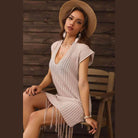 Fringe Hem Short Sleeve Deep V Cover Up Dress - VacationGrabs