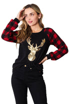 Heimish Full Size Sequin Reindeer Graphic Plaid Top - VacationGrabs