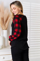 Heimish Full Size Sequin Reindeer Graphic Plaid Top - VacationGrabs
