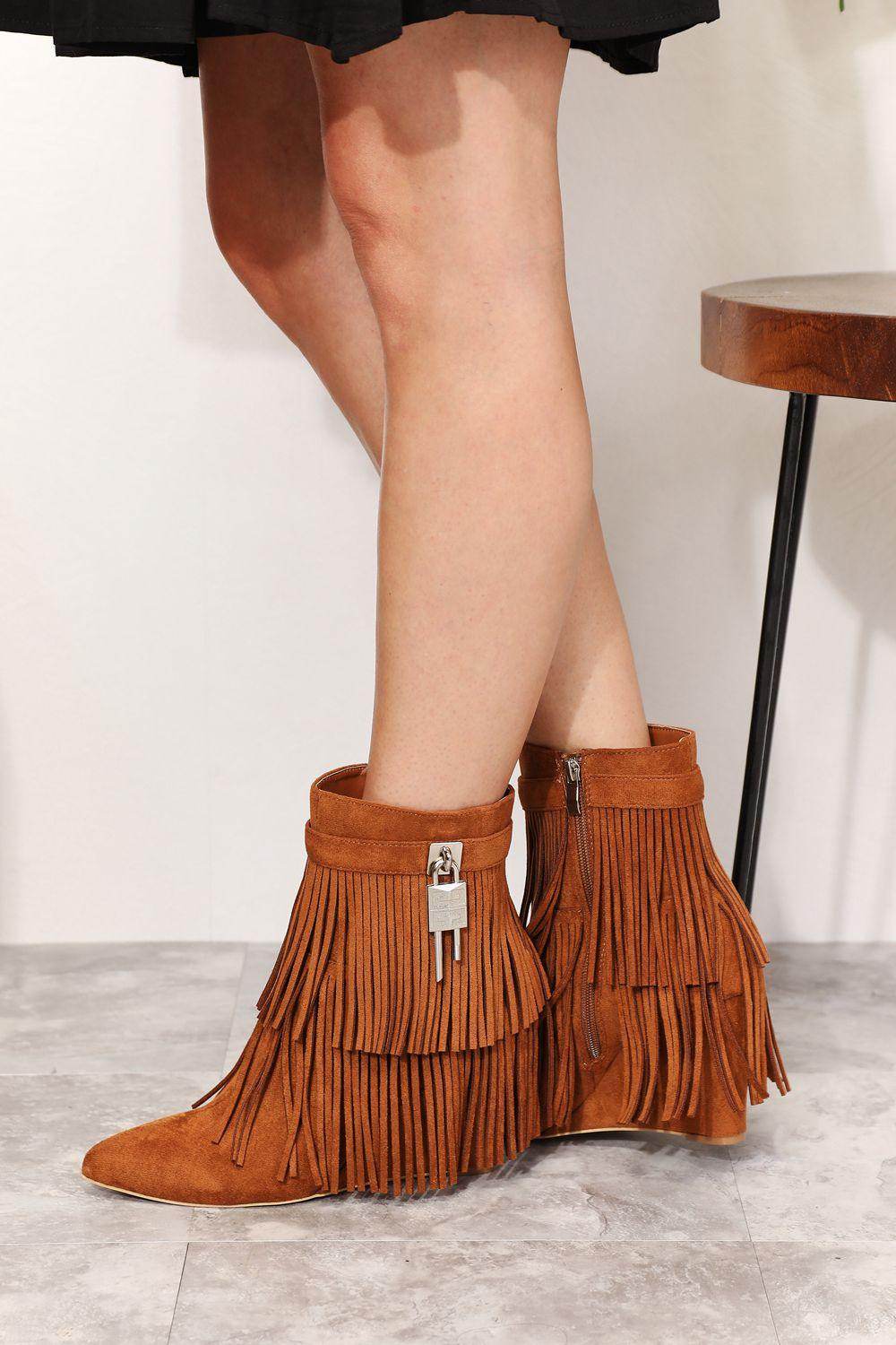 Tassel Wedge Heel Ankle Boots - VacationGrabs