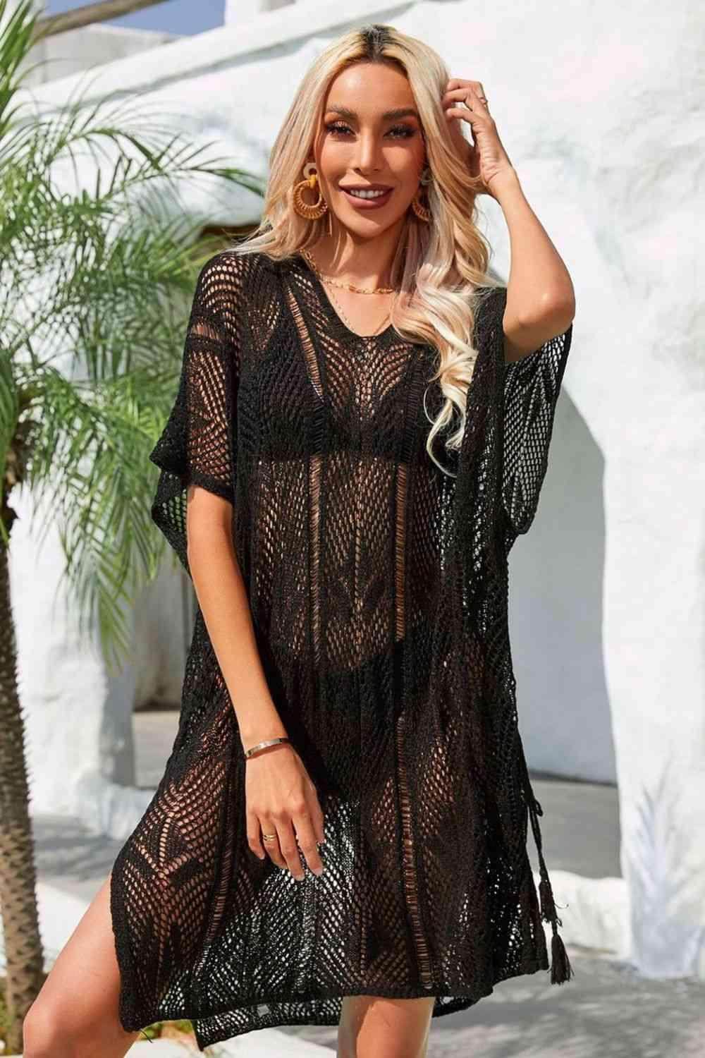 Side Slit Tassel Openwork Cover-Up Dress - VacationGrabs
