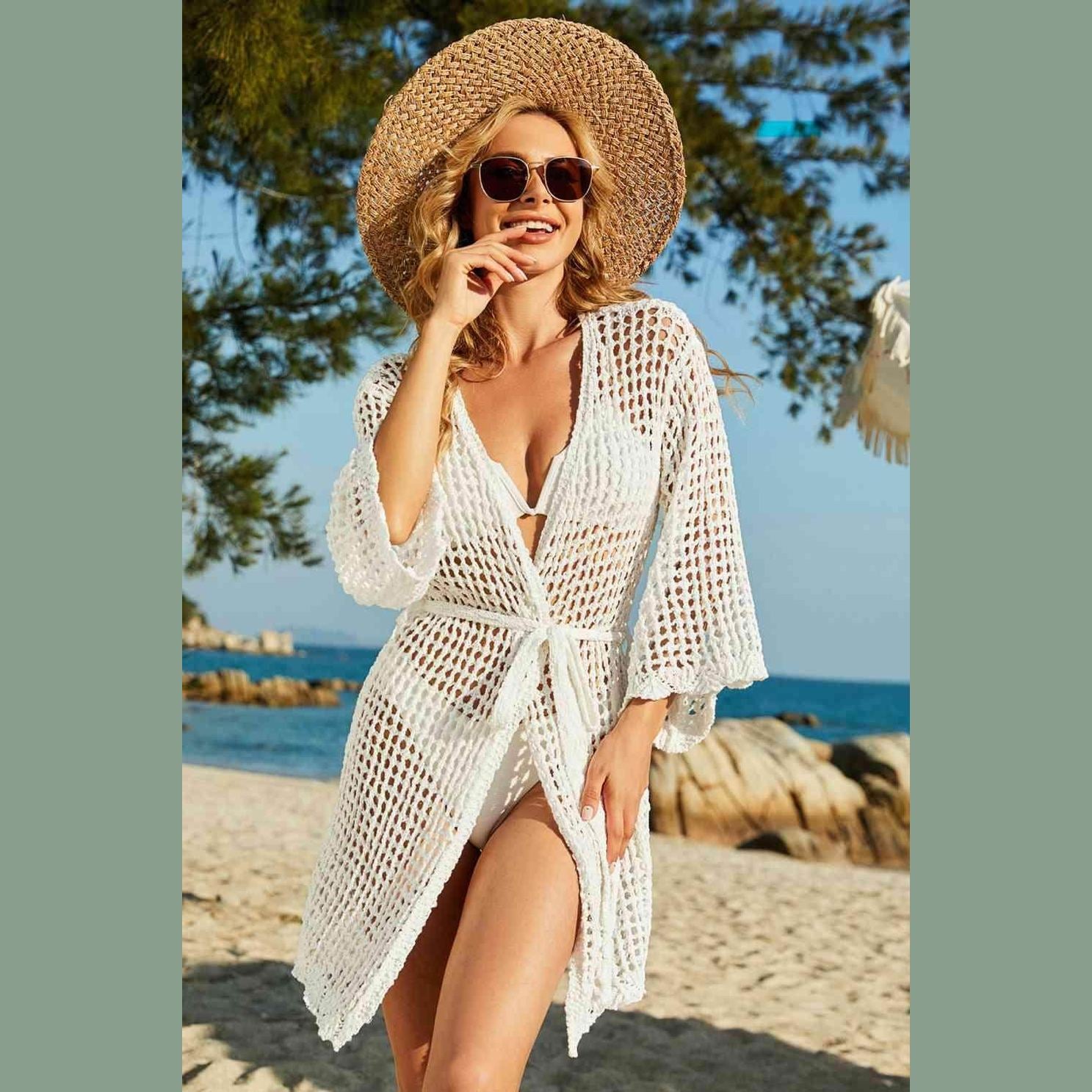 Tie-Waist Openwork Crochet Cover Up - VacationGrabs