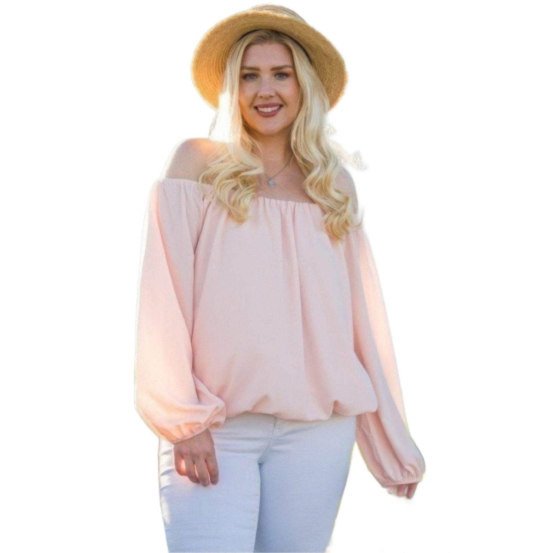 Pink Off Shoulder Long Bubble Sleeve Solid Top - VacationGrabs