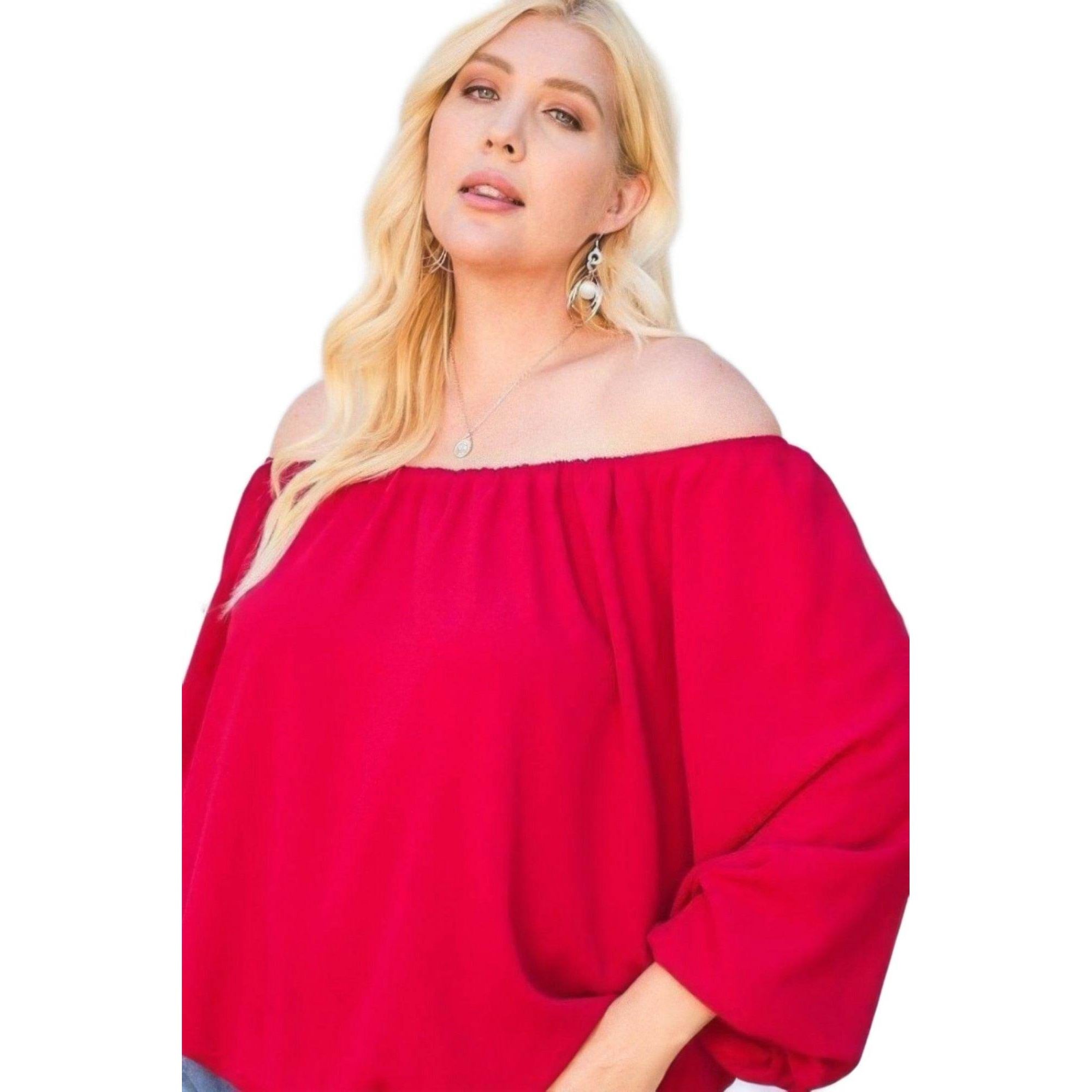 Red Off Shoulder Long Bubble Sleeve Solid Top - VacationGrabs