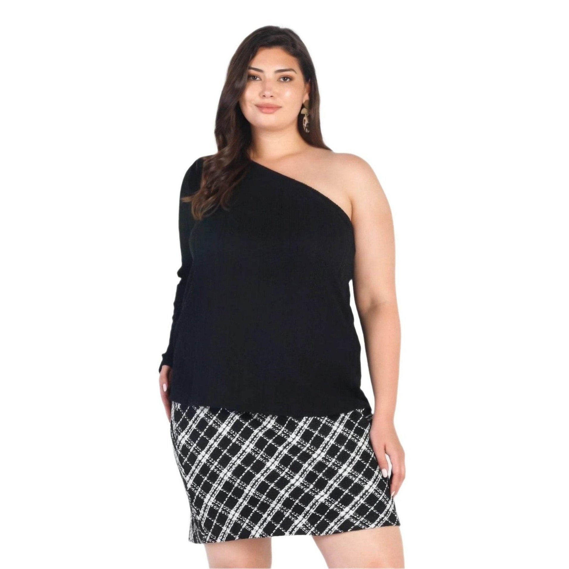 Plus Black Ribbed One Shoulder Top - VacationGrabs