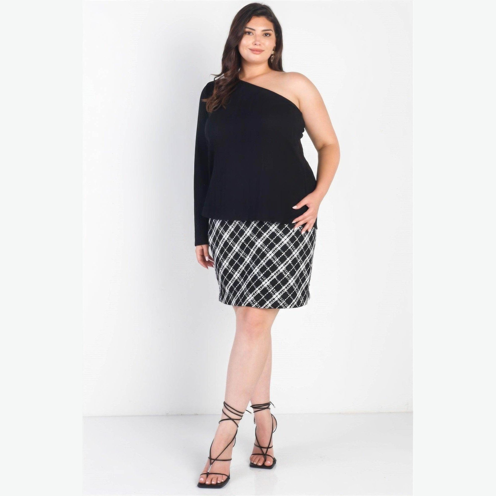 Plus Black Ribbed One Shoulder Top - VacationGrabs