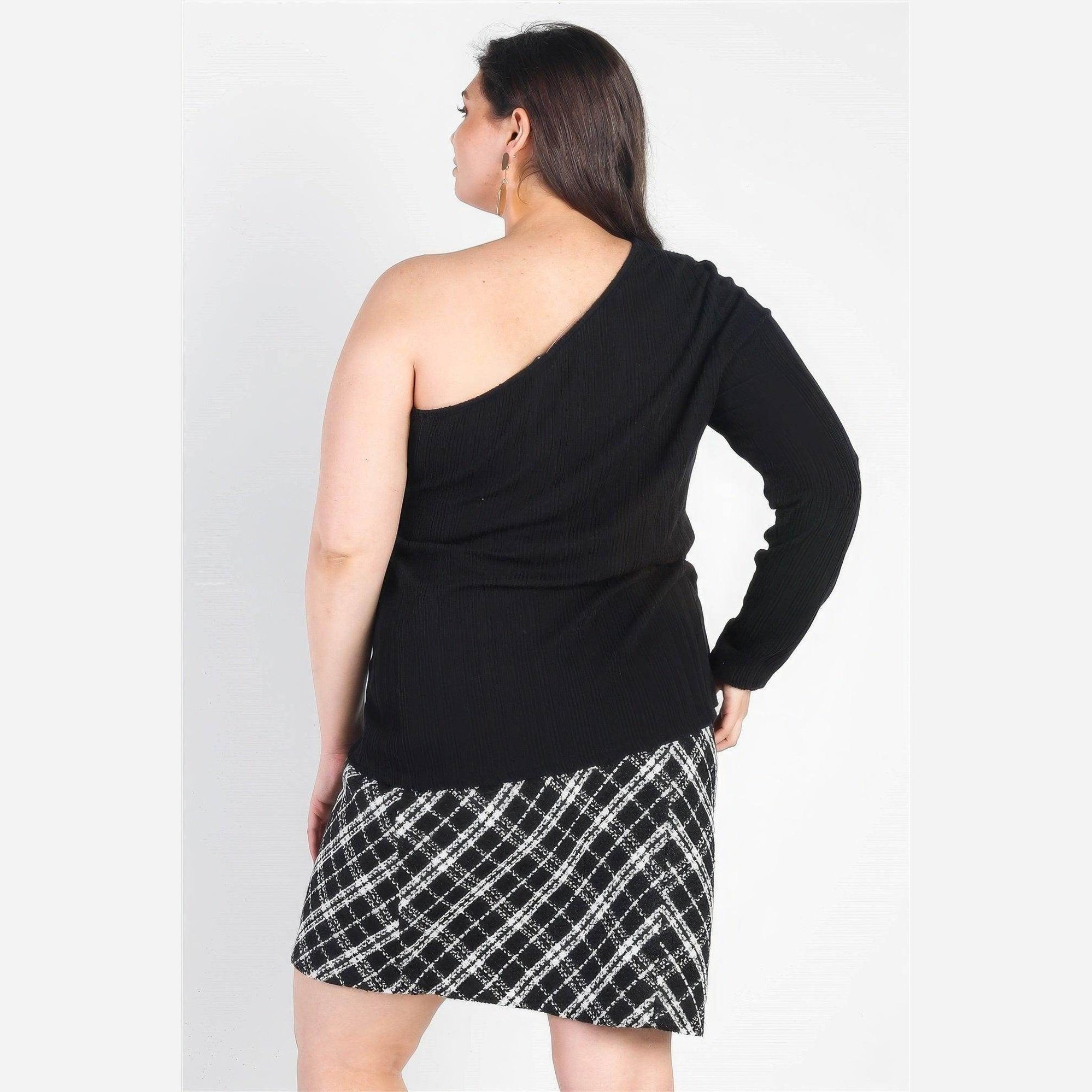Plus Black Ribbed One Shoulder Top - VacationGrabs