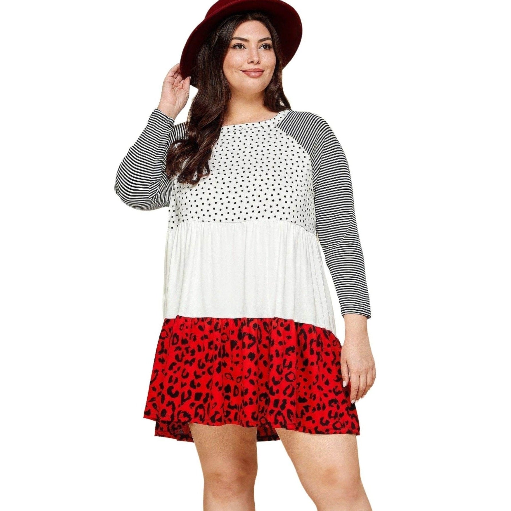 Plus Polka Dot Animal Print Swing Tiered Dress - VacationGrabs