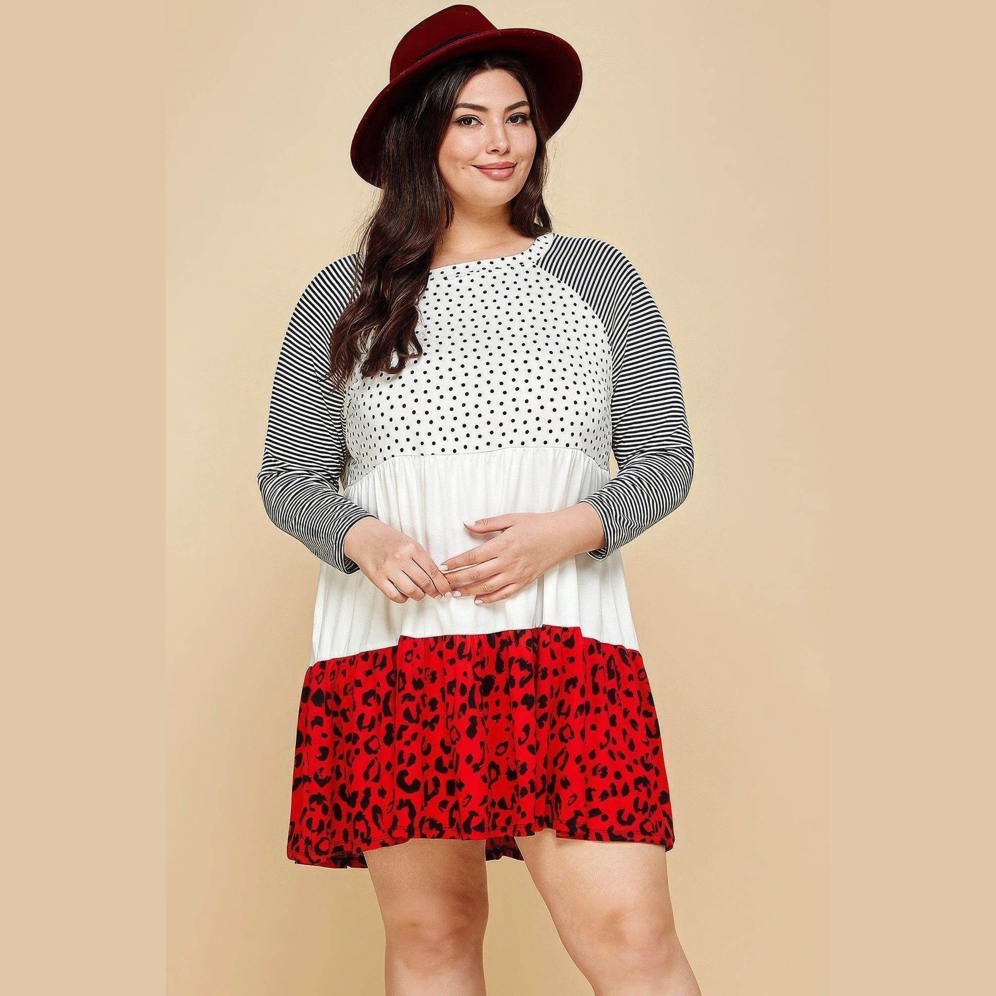 Plus Polka Dot Animal Print Swing Tiered Dress - VacationGrabs