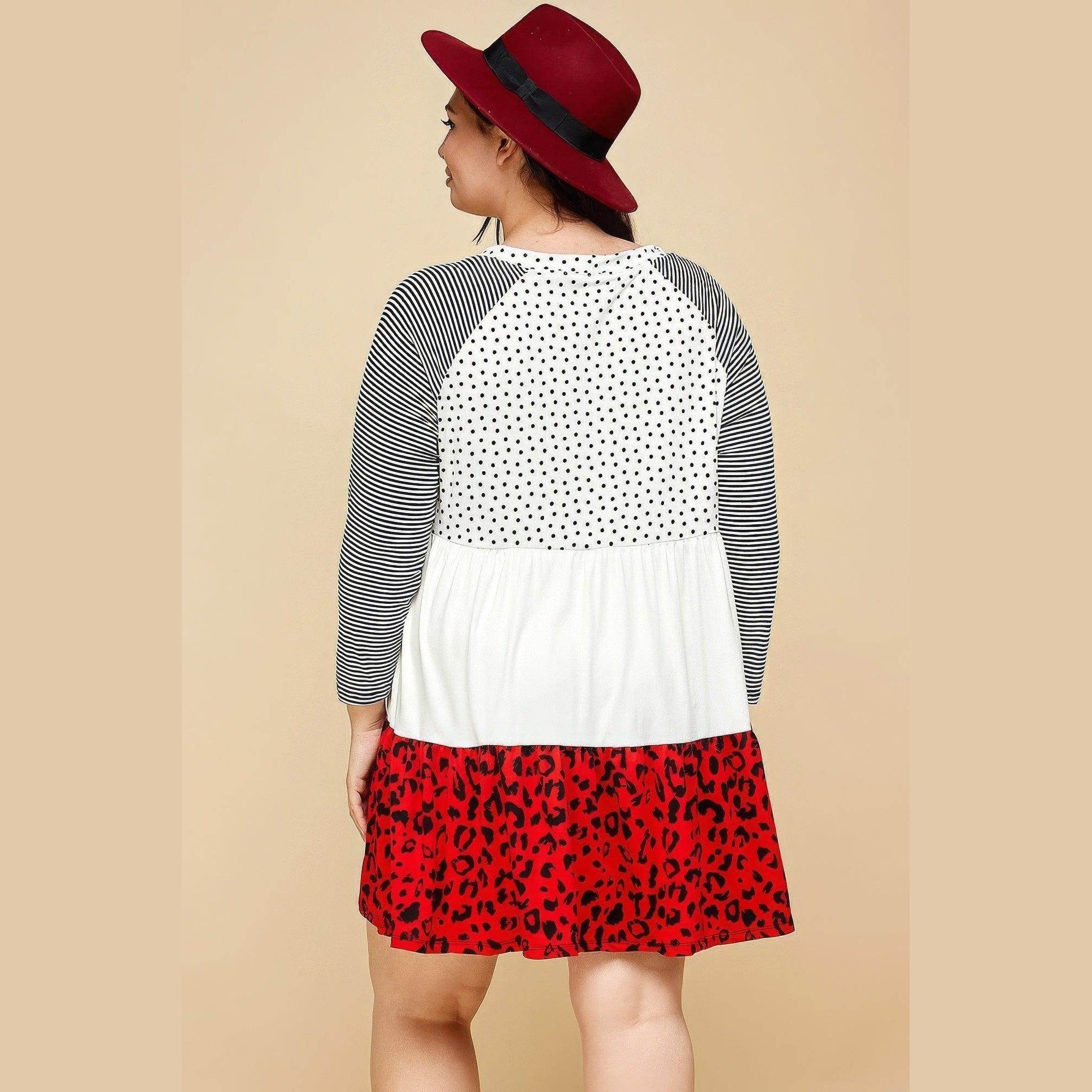 Plus Polka Dot Animal Print Swing Tiered Dress - VacationGrabs