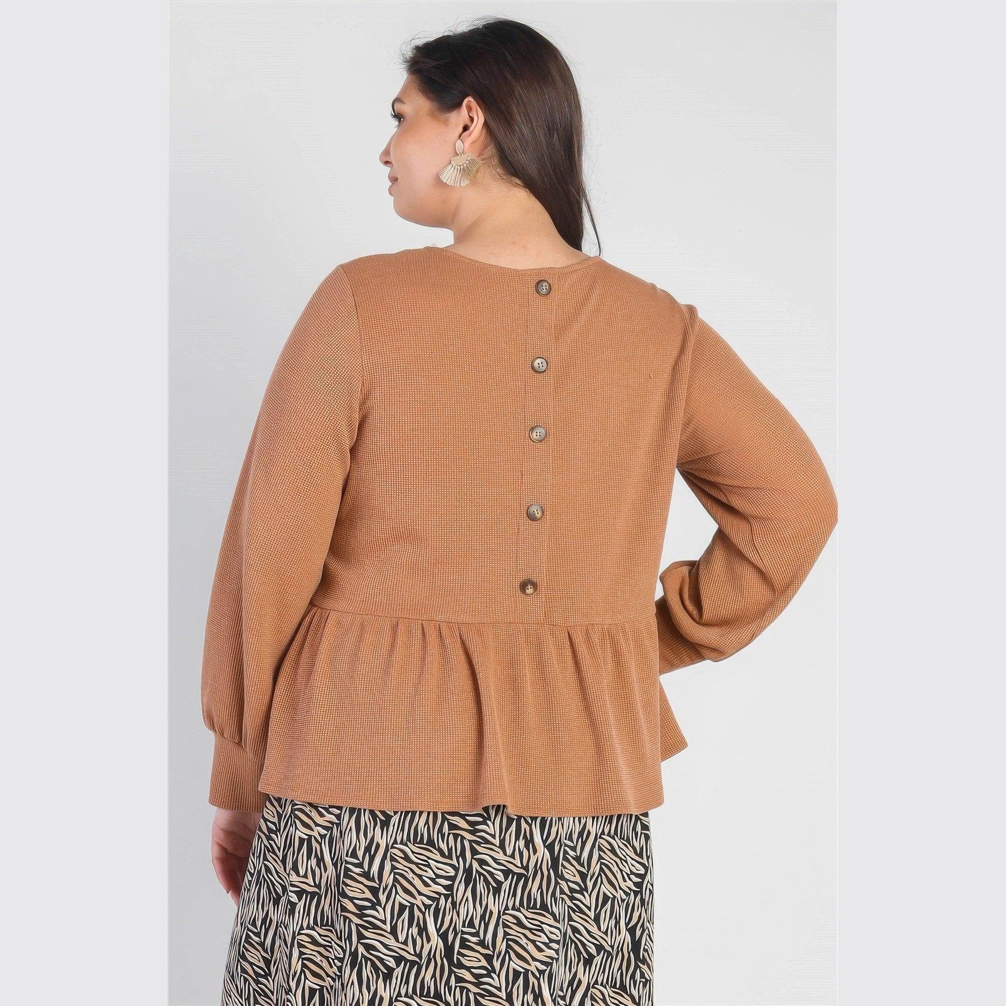 Plus Caramel Waffle Knit Long Sleeve Top - VacationGrabs