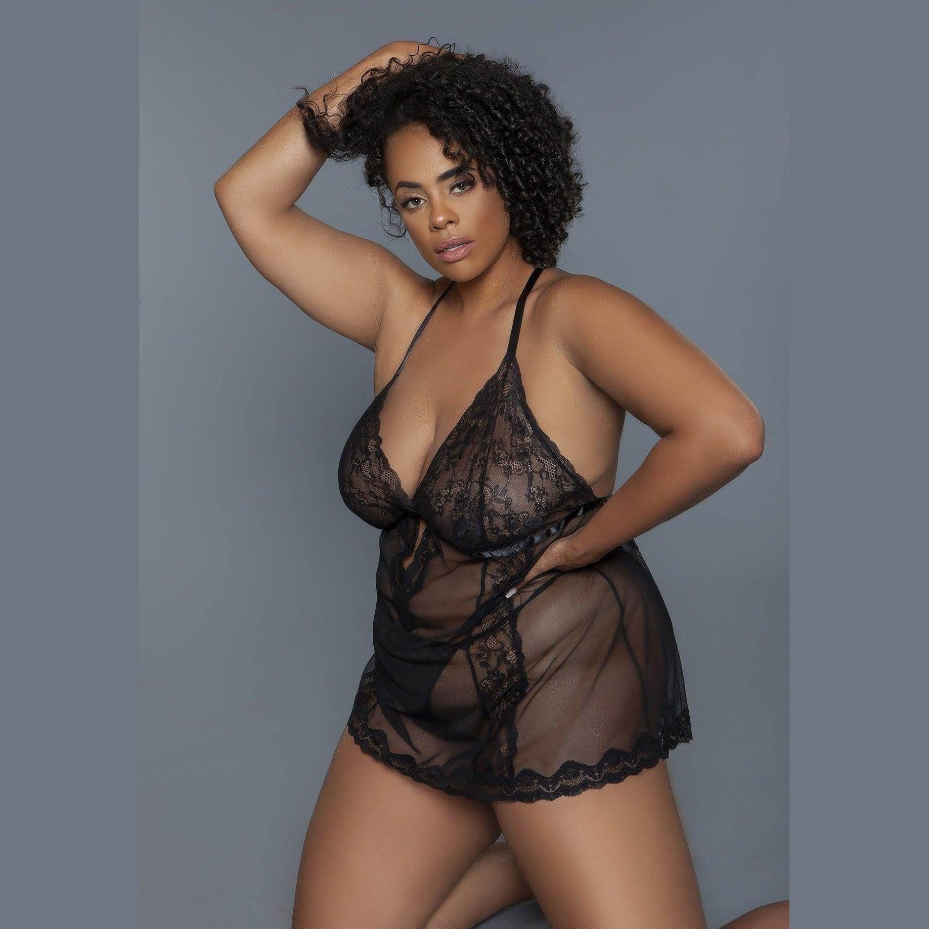 Babydoll Sheer Mesh Lace Lingerie 2 Pc - VacationGrabs