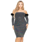 Plus Off Shoulder Feather Trim Detail Sequin Dress - VacationGrabs