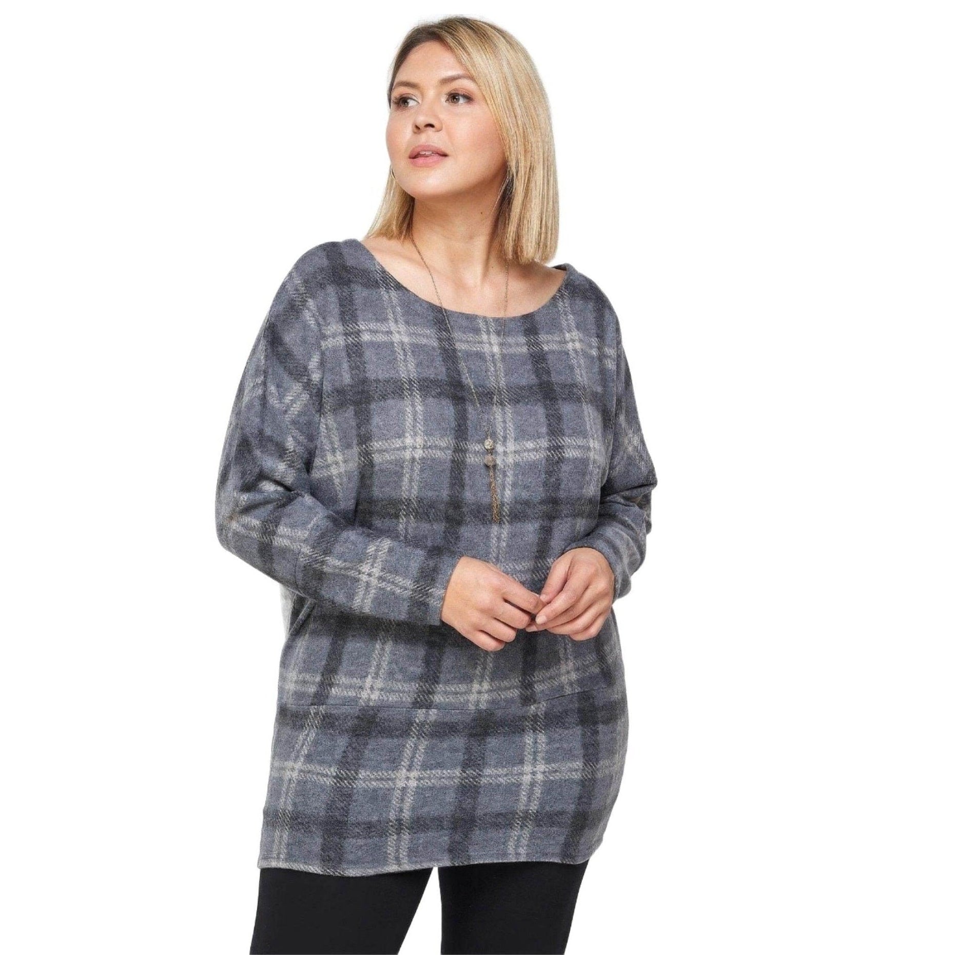 Boat Neck Plaid Top Long Dolman Sleeves - VacationGrabs