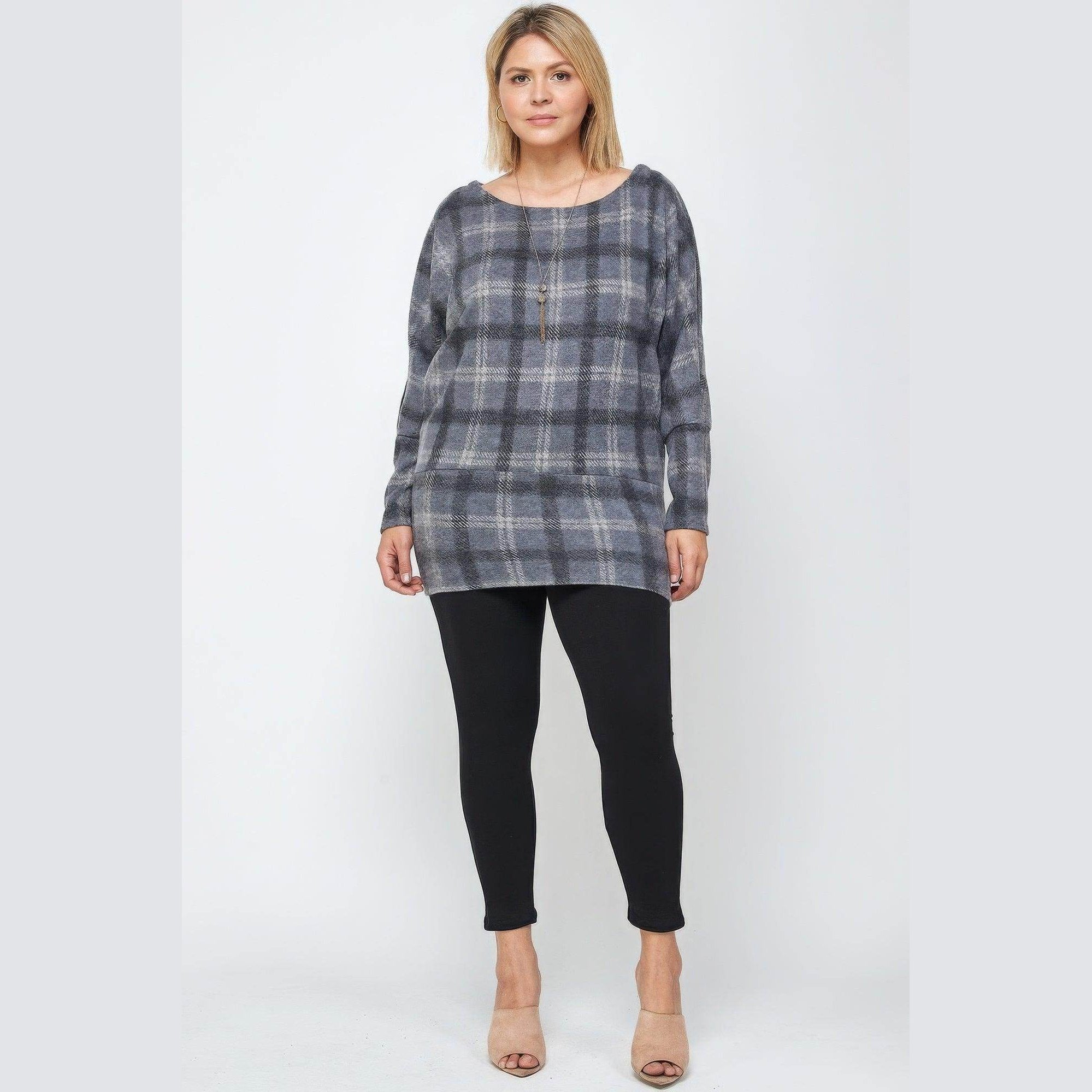 Boat Neck Plaid Top Long Dolman Sleeves - VacationGrabs