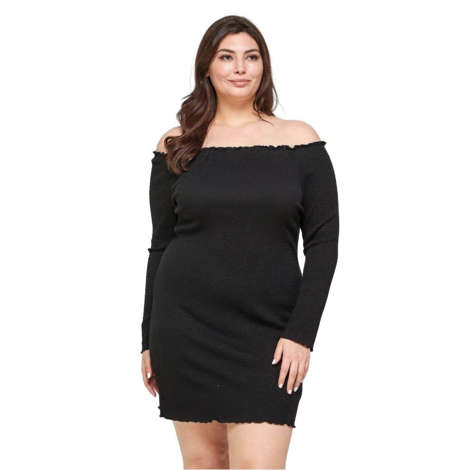 Plus Size Black Smocked Off Shoulder Dress - VacationGrabs