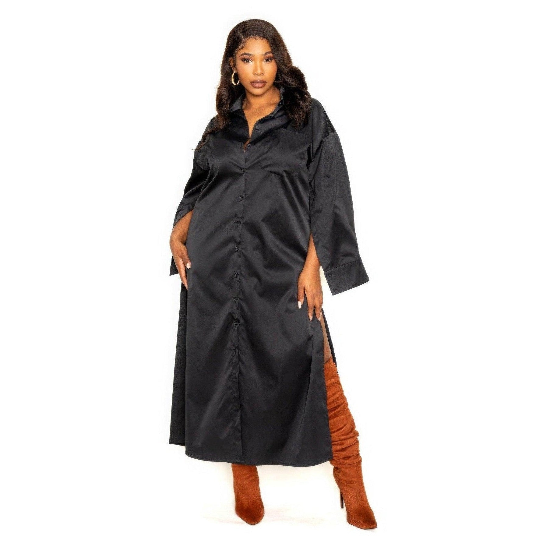 Black Cape Sleeve Shirt Dress - VacationGrabs