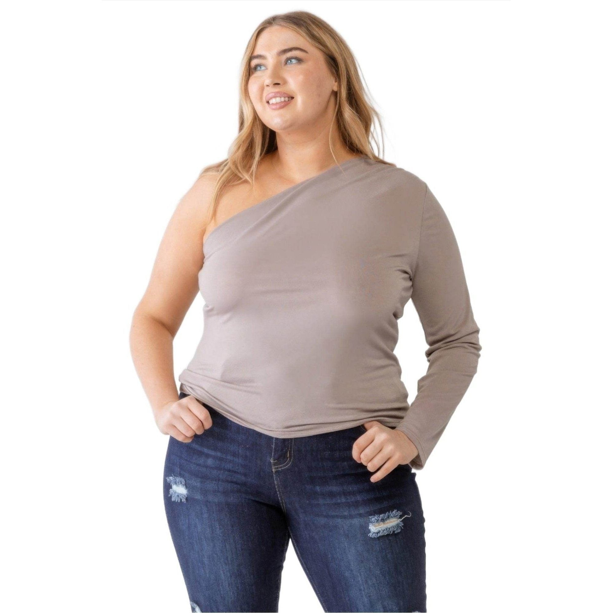 Plus Mocha Textured One Shoulder Top - VacationGrabs