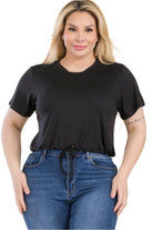 Plus Size Tie Front Drawstring Short Sleeve Crop Top - VacationGrabs