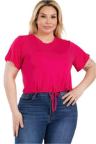 Plus Size Tie Front Drawstring Short Sleeve Crop Top - VacationGrabs