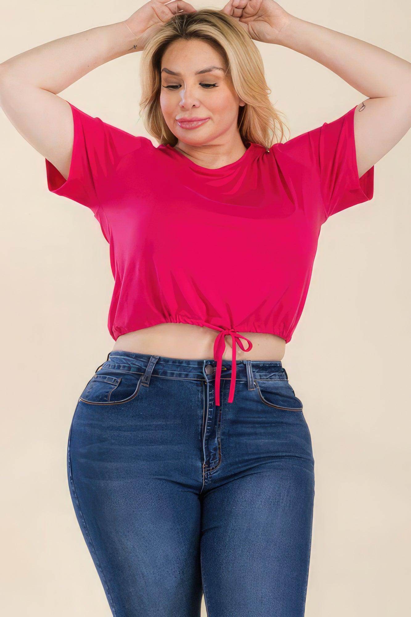 Plus Size Tie Front Drawstring Short Sleeve Crop Top - VacationGrabs