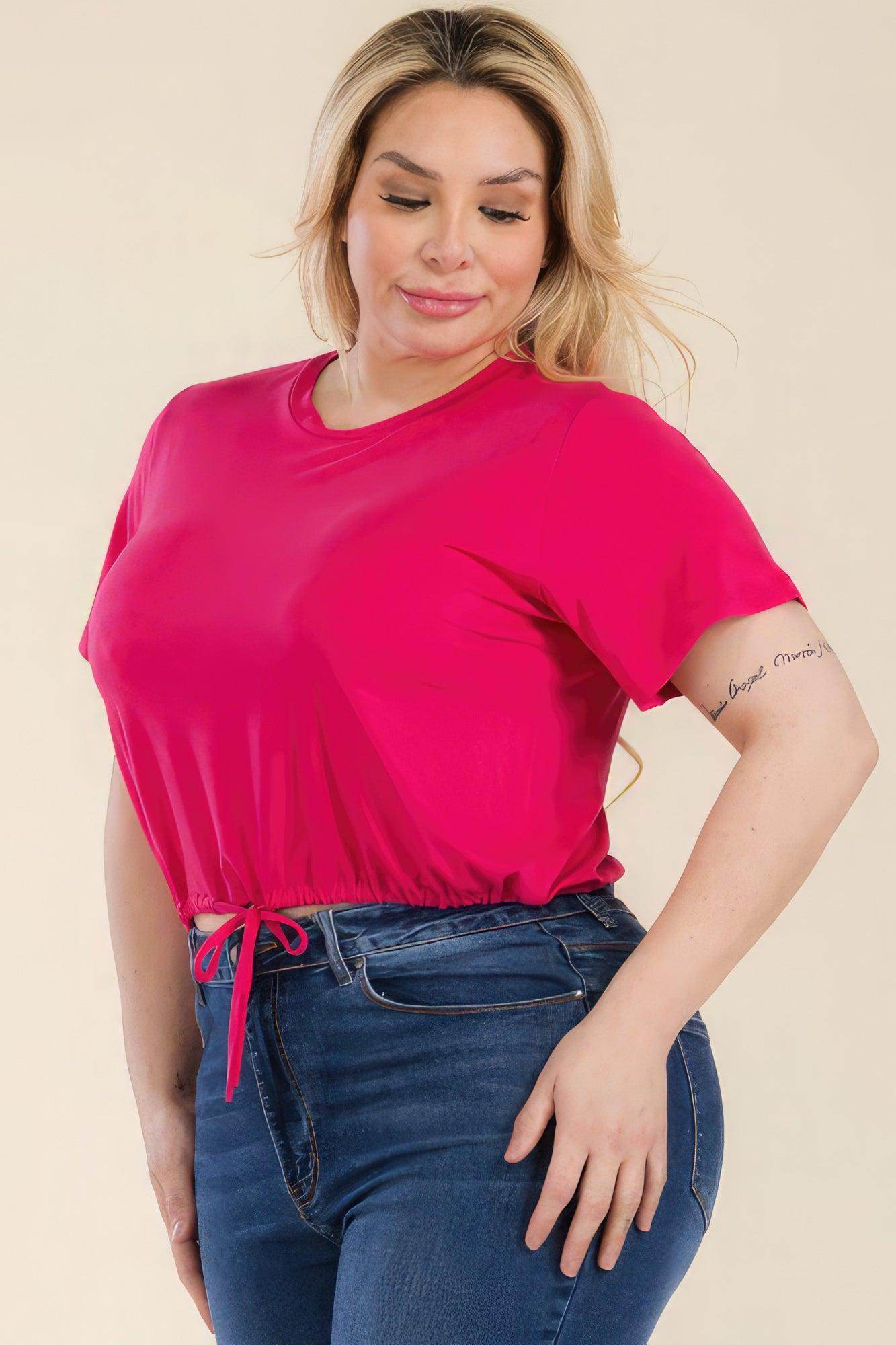 Plus Size Tie Front Drawstring Short Sleeve Crop Top - VacationGrabs