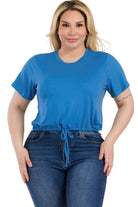 Plus Size Tie Front Drawstring Short Sleeve Crop Top - VacationGrabs