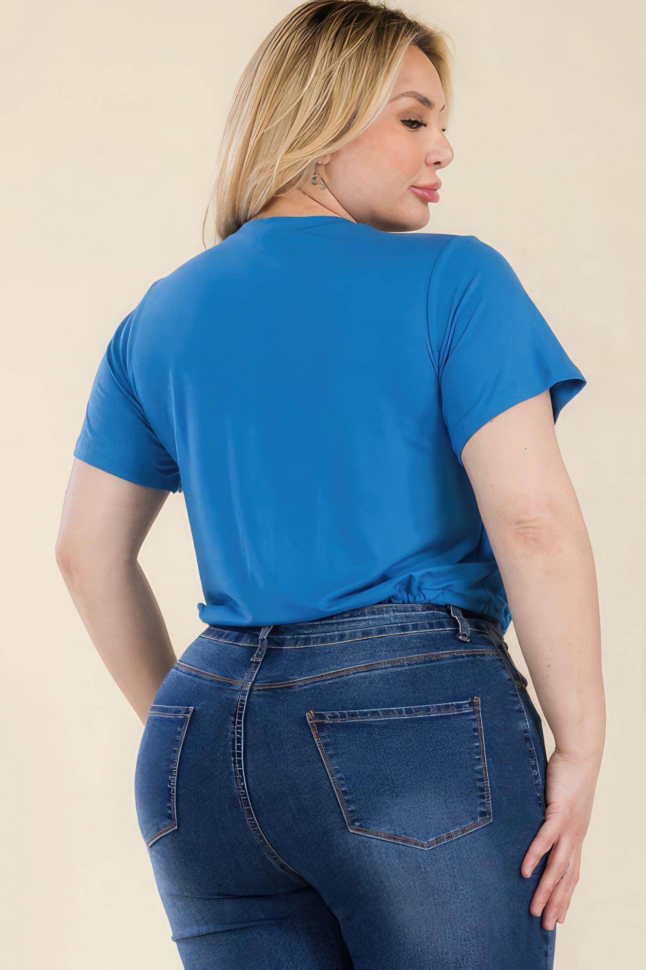 Plus Size Tie Front Drawstring Short Sleeve Crop Top - VacationGrabs