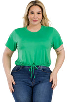 Plus Size Tie Front Drawstring Short Sleeve Crop Top - VacationGrabs