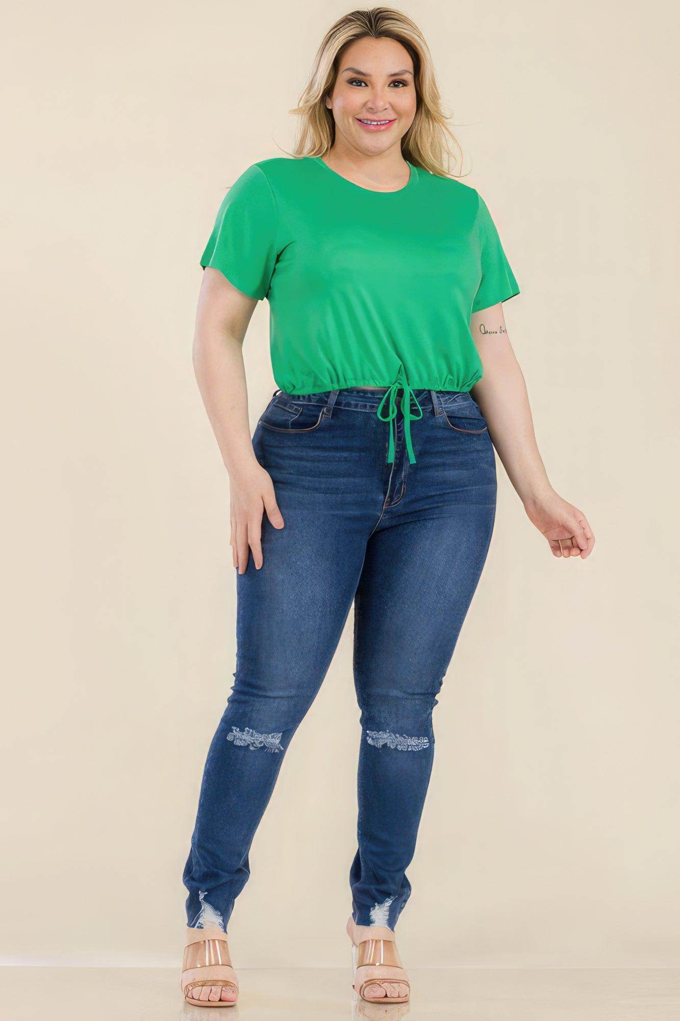 Plus Size Tie Front Drawstring Short Sleeve Crop Top - VacationGrabs