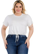 Plus Size Tie Front Drawstring Short Sleeve Crop Top - VacationGrabs