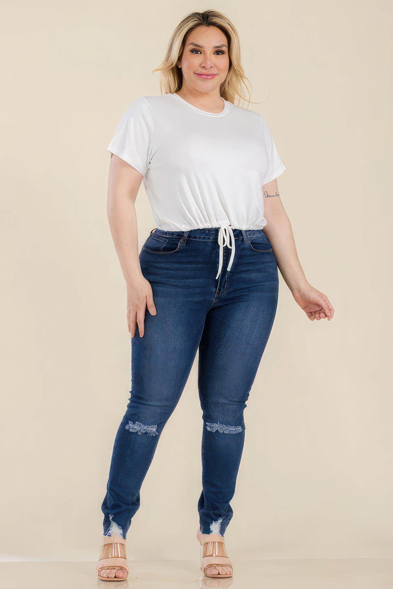 Plus Size Tie Front Drawstring Short Sleeve Crop Top - VacationGrabs