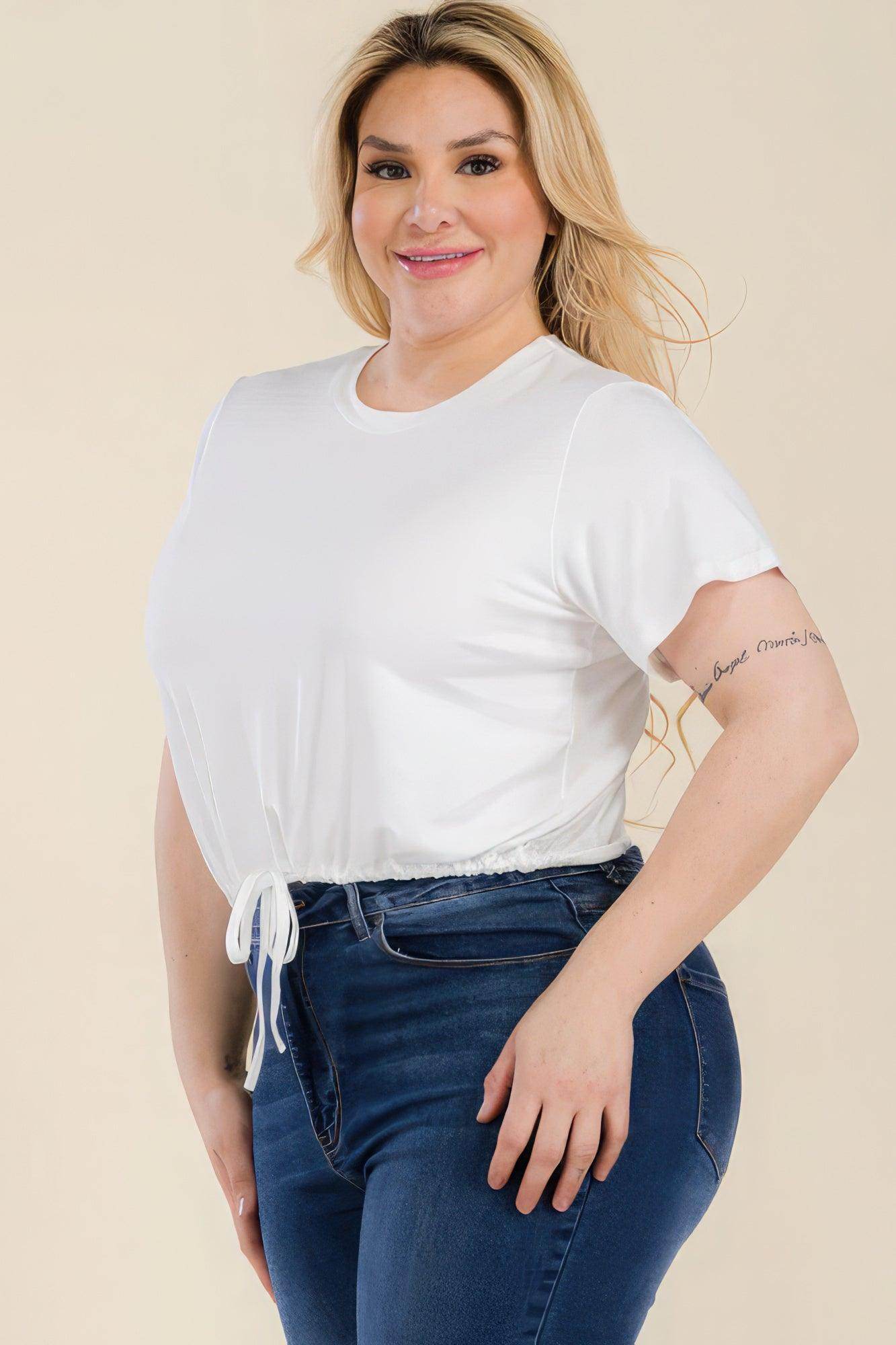 Plus Size Tie Front Drawstring Short Sleeve Crop Top - VacationGrabs