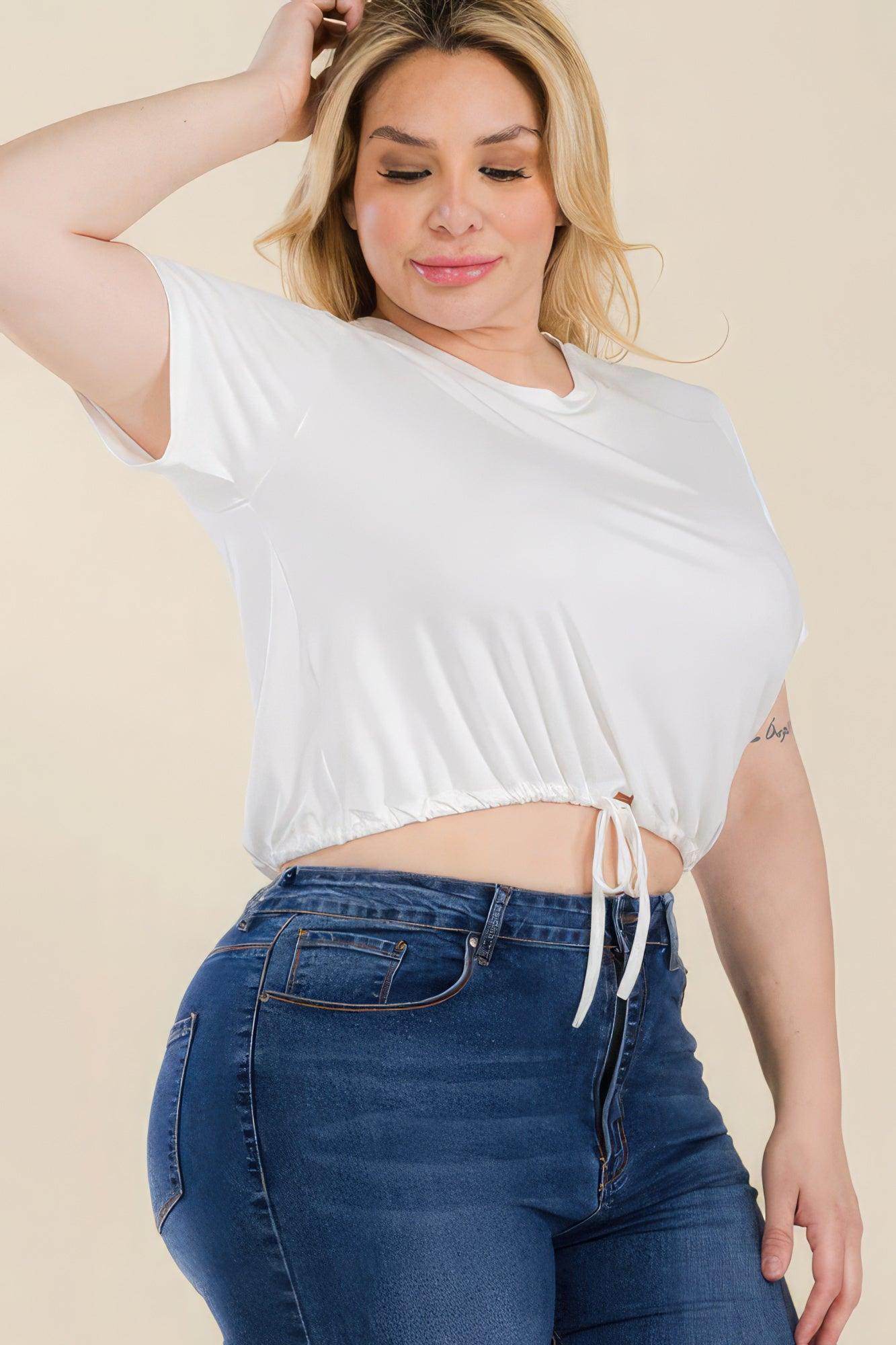 Plus Size Tie Front Drawstring Short Sleeve Crop Top - VacationGrabs