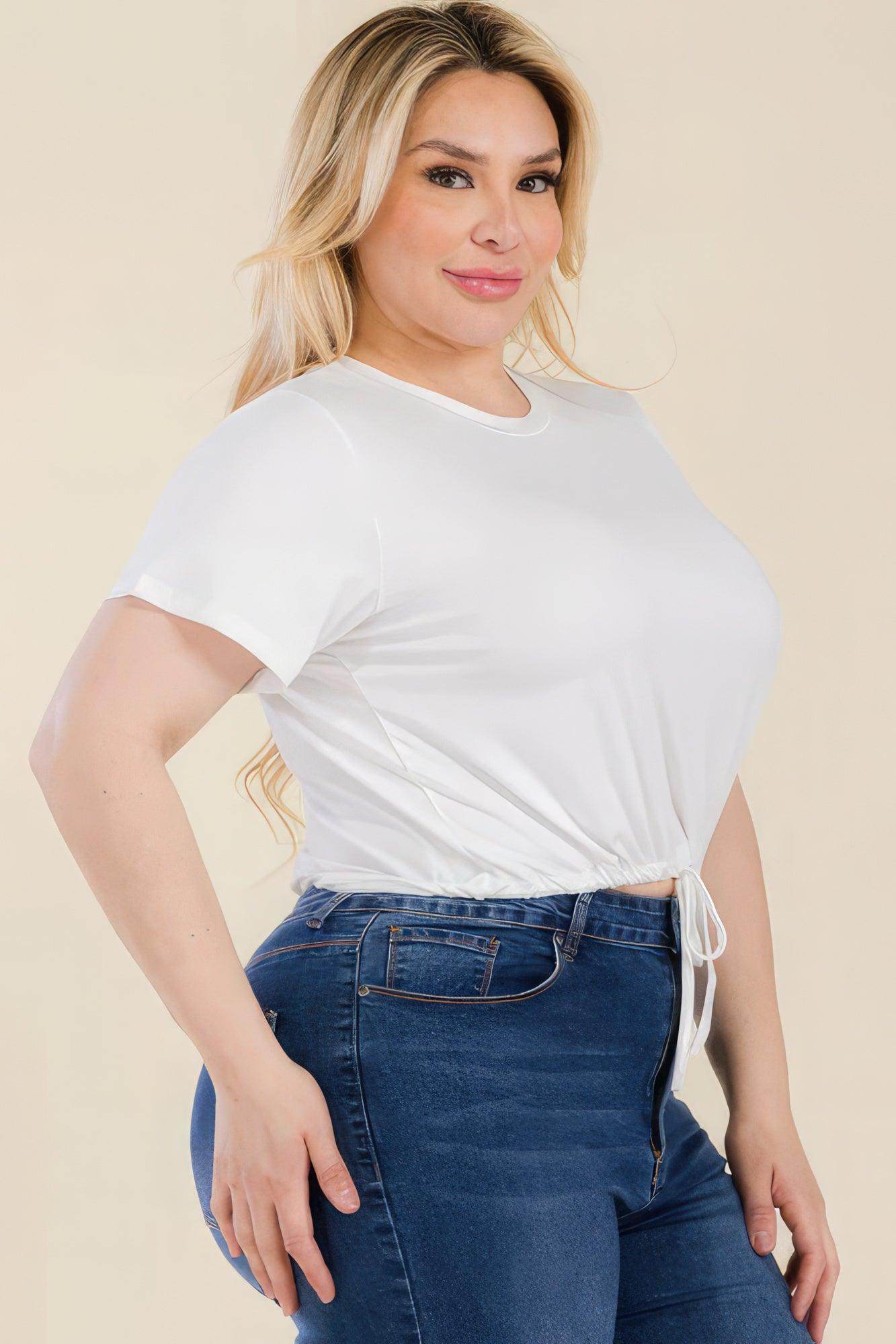 Plus Size Tie Front Drawstring Short Sleeve Crop Top - VacationGrabs