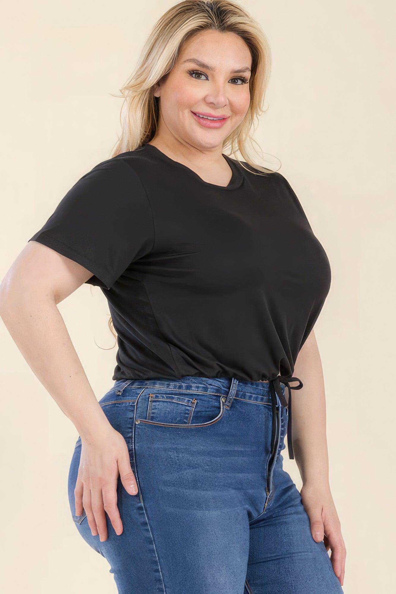 Plus Size Tie Front Drawstring Short Sleeve Crop Top - VacationGrabs