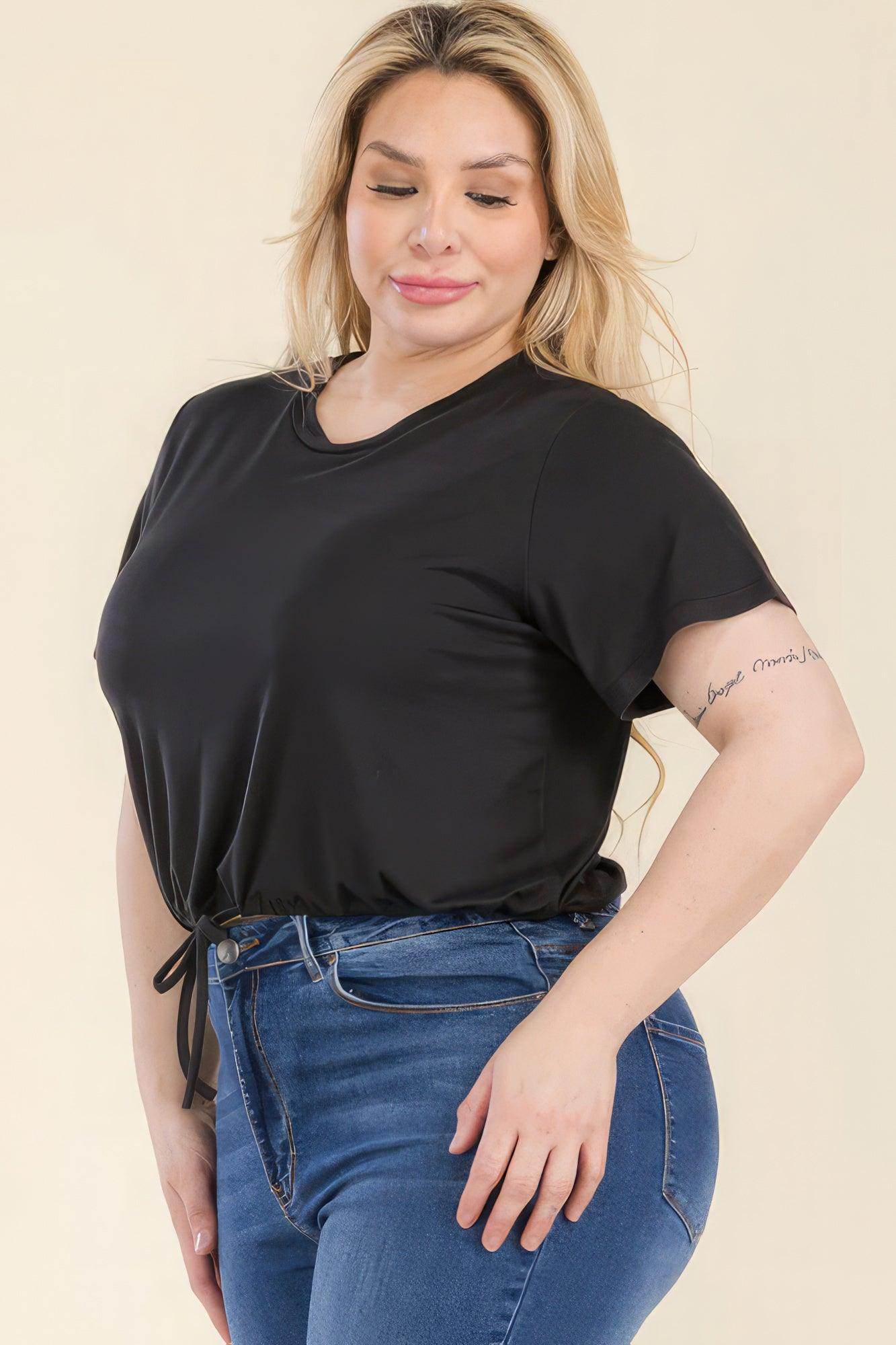 Plus Size Tie Front Drawstring Short Sleeve Crop Top - VacationGrabs