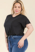 Plus Size Tie Front Drawstring Short Sleeve Crop Top - VacationGrabs