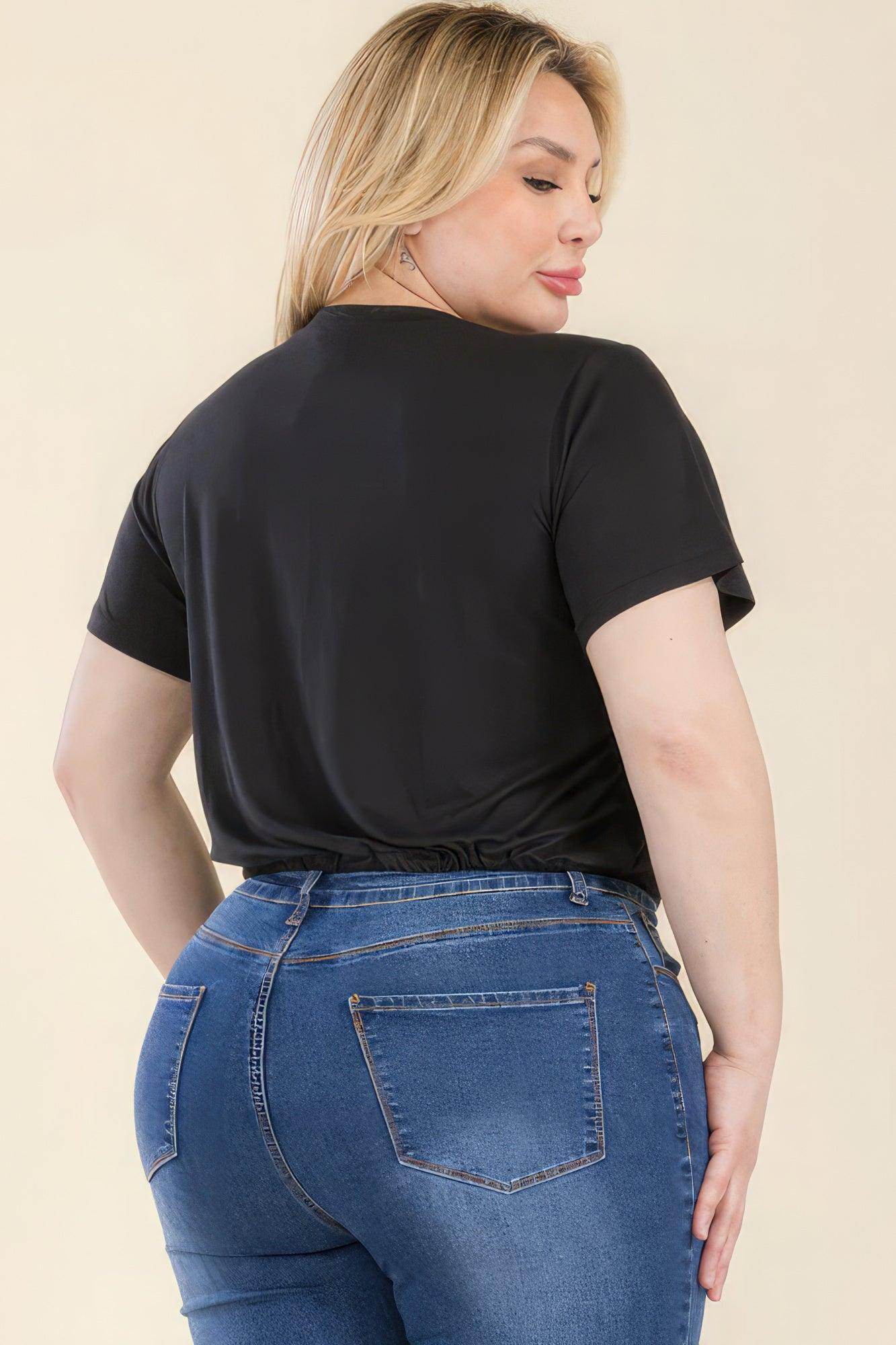 Plus Size Tie Front Drawstring Short Sleeve Crop Top - VacationGrabs