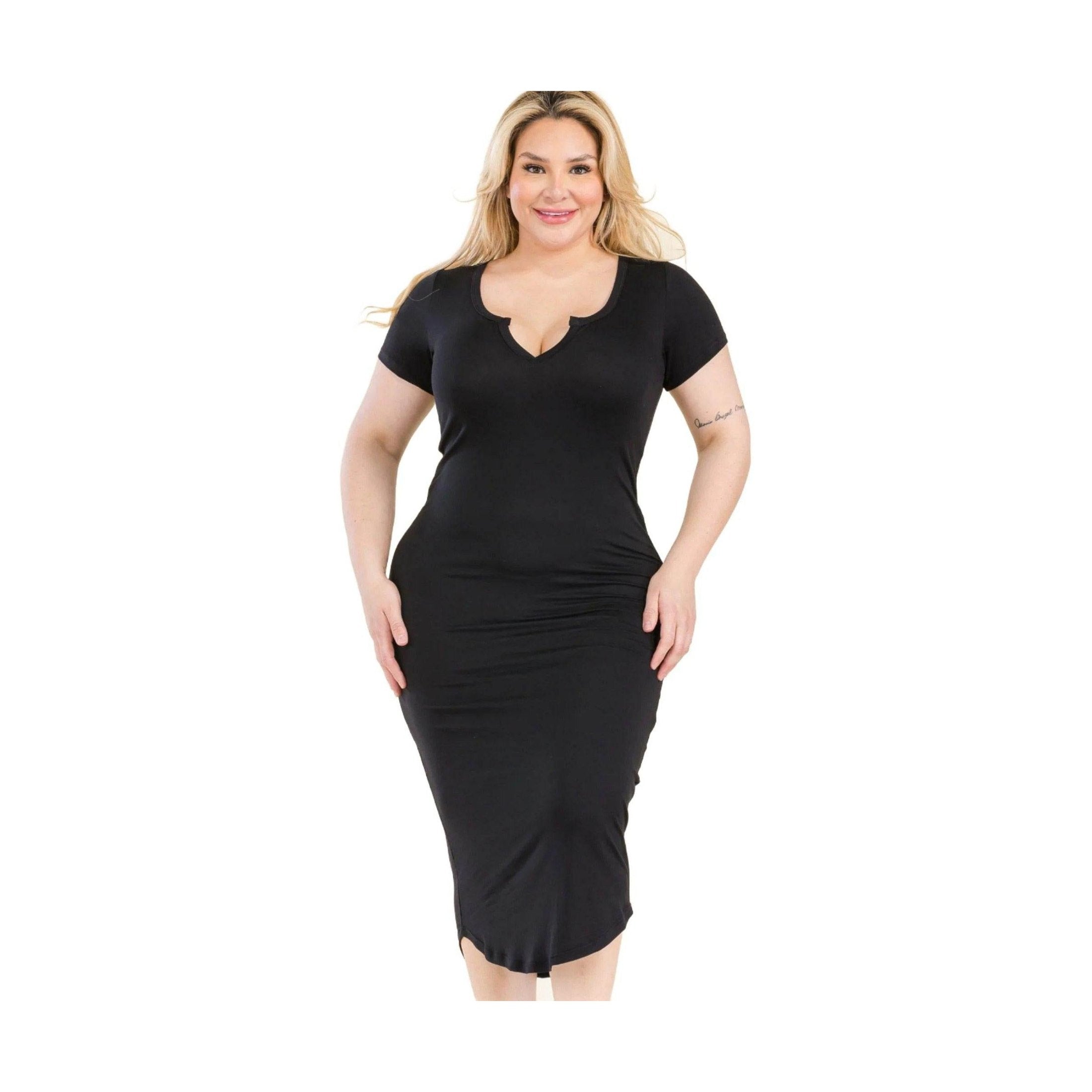 Plus Size Split Neck Bodycon Midi Dress - VacationGrabs