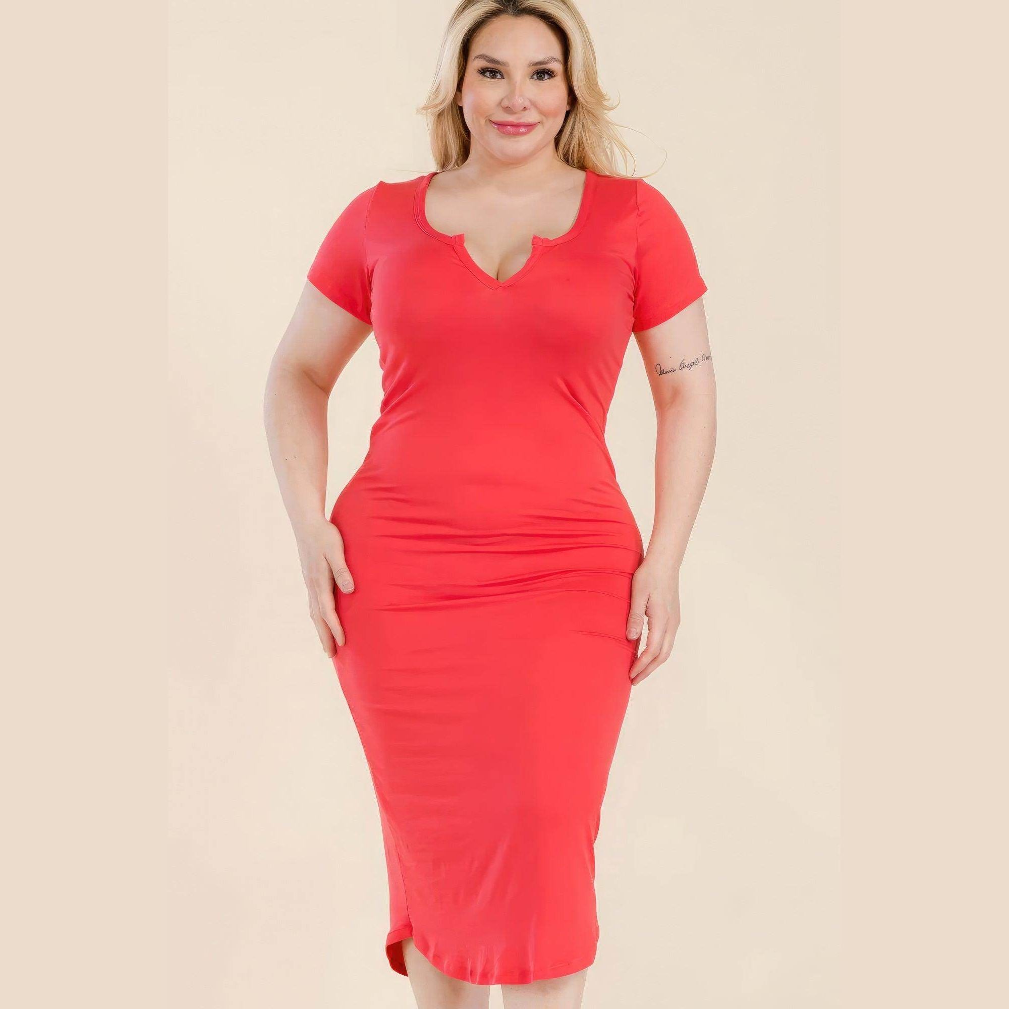 Plus Size Split Neck Bodycon Midi Dress - VacationGrabs