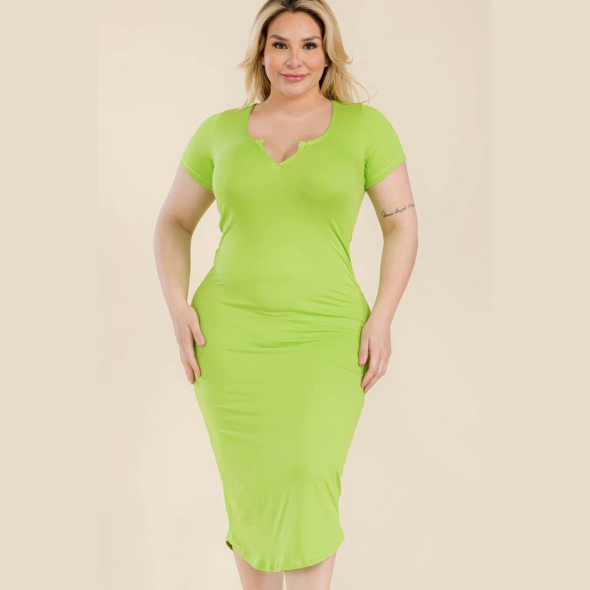Plus Size Split Neck Bodycon Midi Dress - VacationGrabs